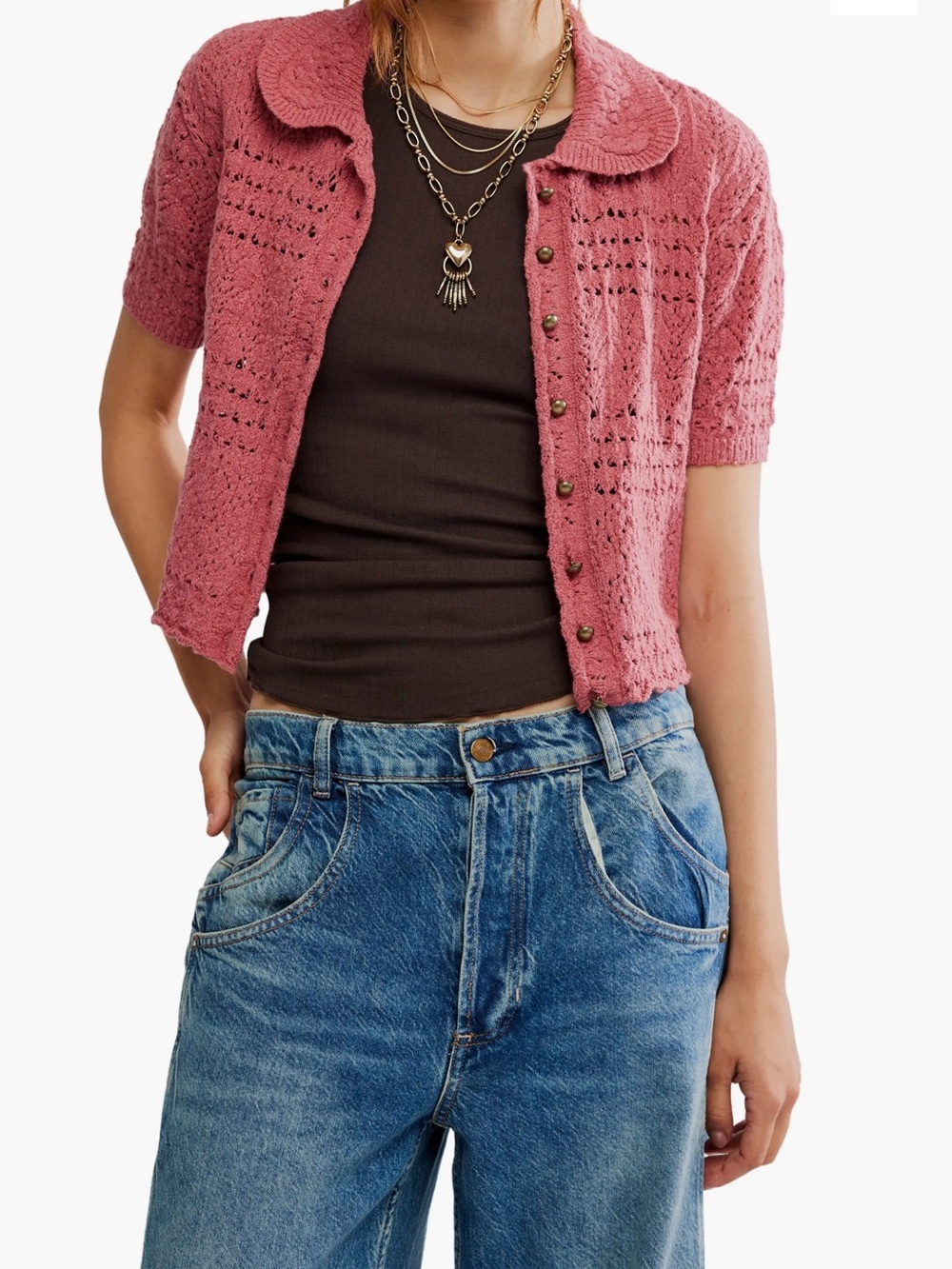 Free People Rose Pink daylight collared Short Sleeve Cardigan